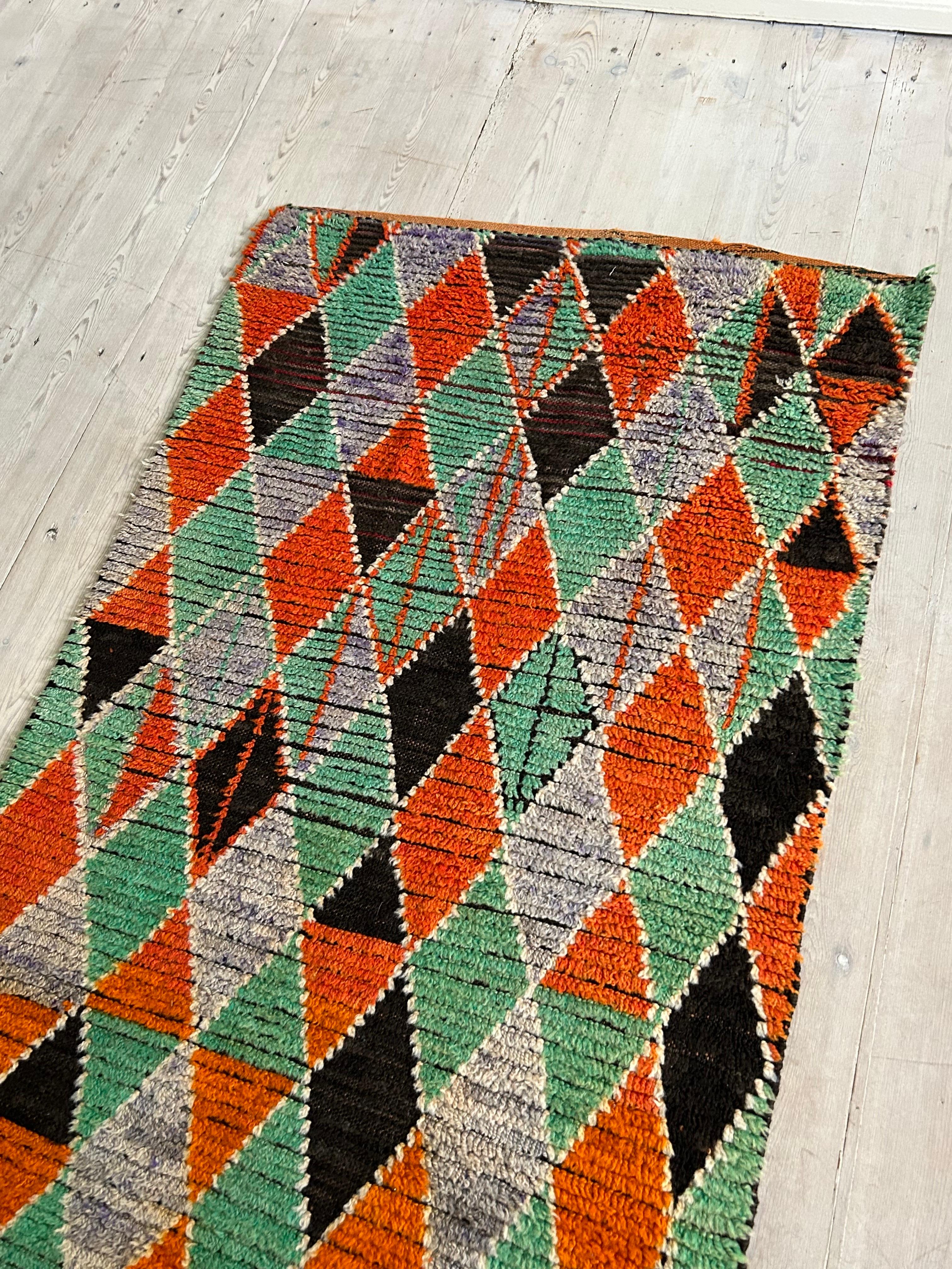 Wool Vintage Middle Atlas Harlequin Runner in Orange and Green, Morocco, 20th Century For Sale