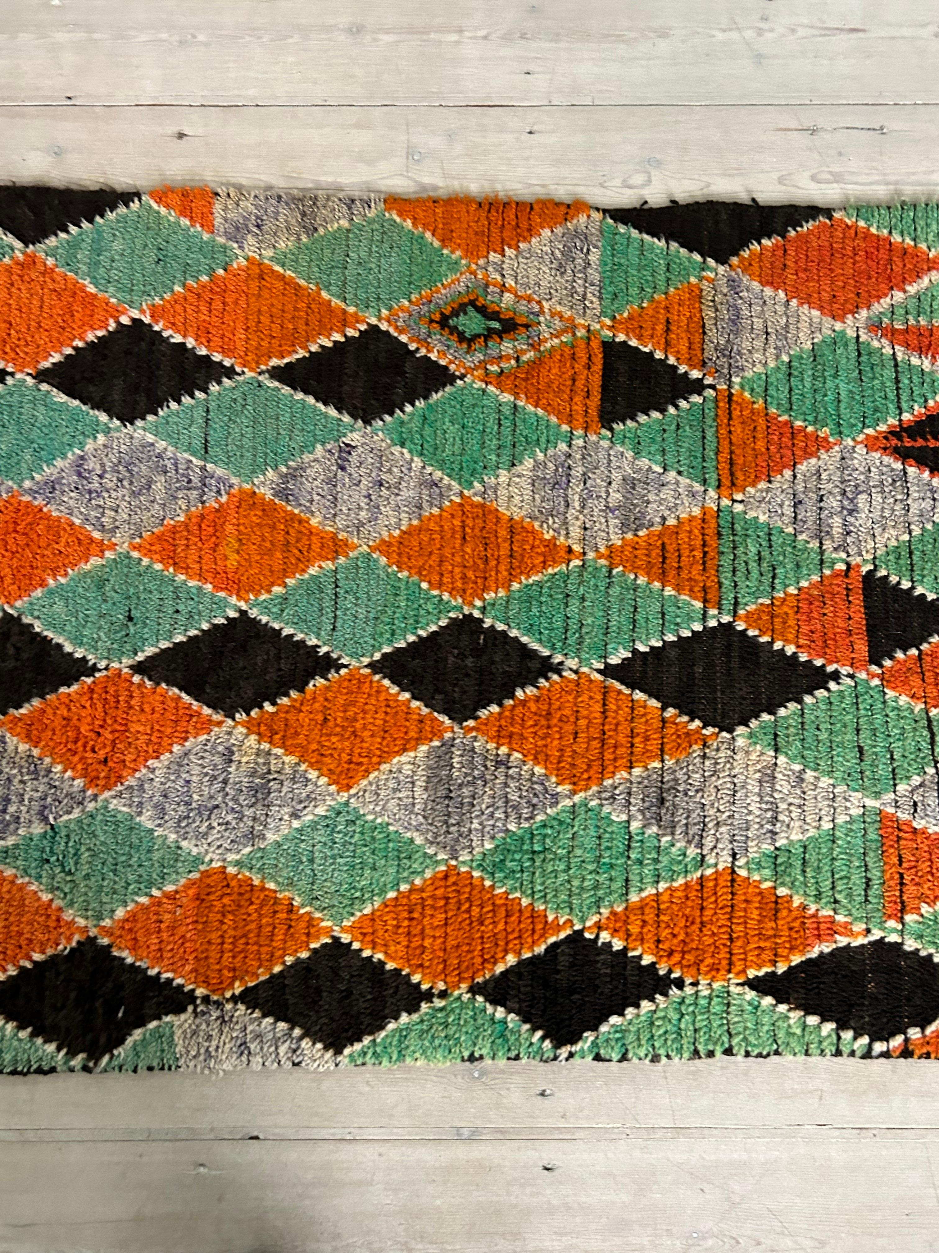 Vintage Middle Atlas Harlequin Runner in Orange and Green, Morocco, 20th Century For Sale 1