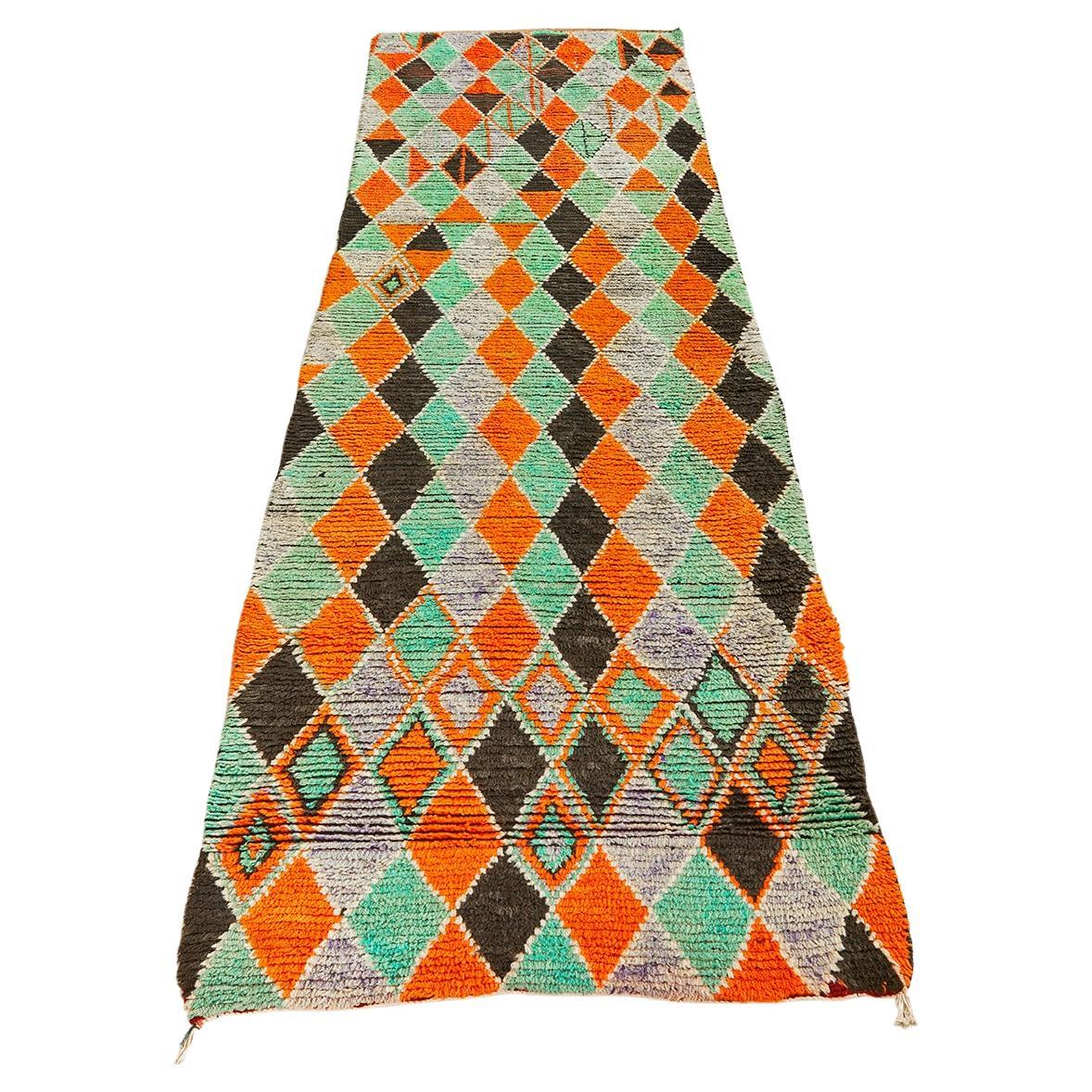 Vintage Middle Atlas Harlequin Runner in Orange and Green, Morocco, 20th Century For Sale