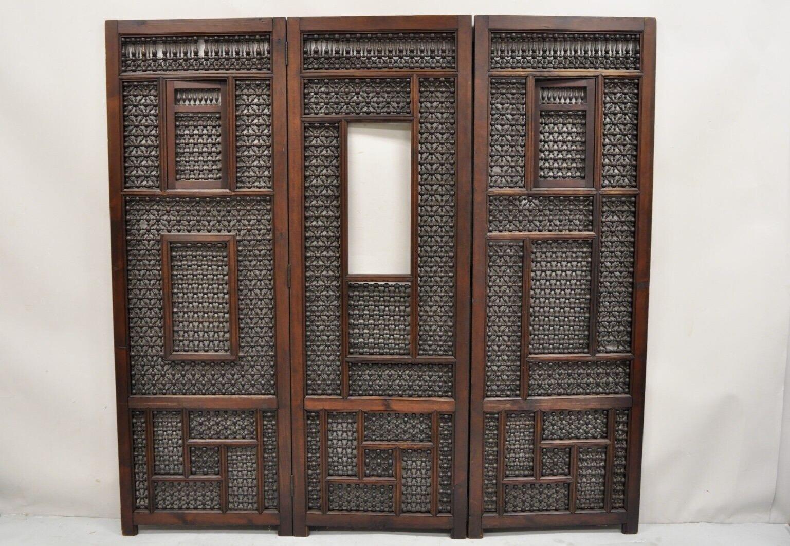 Vintage Middle Eastern 3 Panel Mashrabiya Lattice Panel Folding Screen Room Divider. Item features 2 small swing 