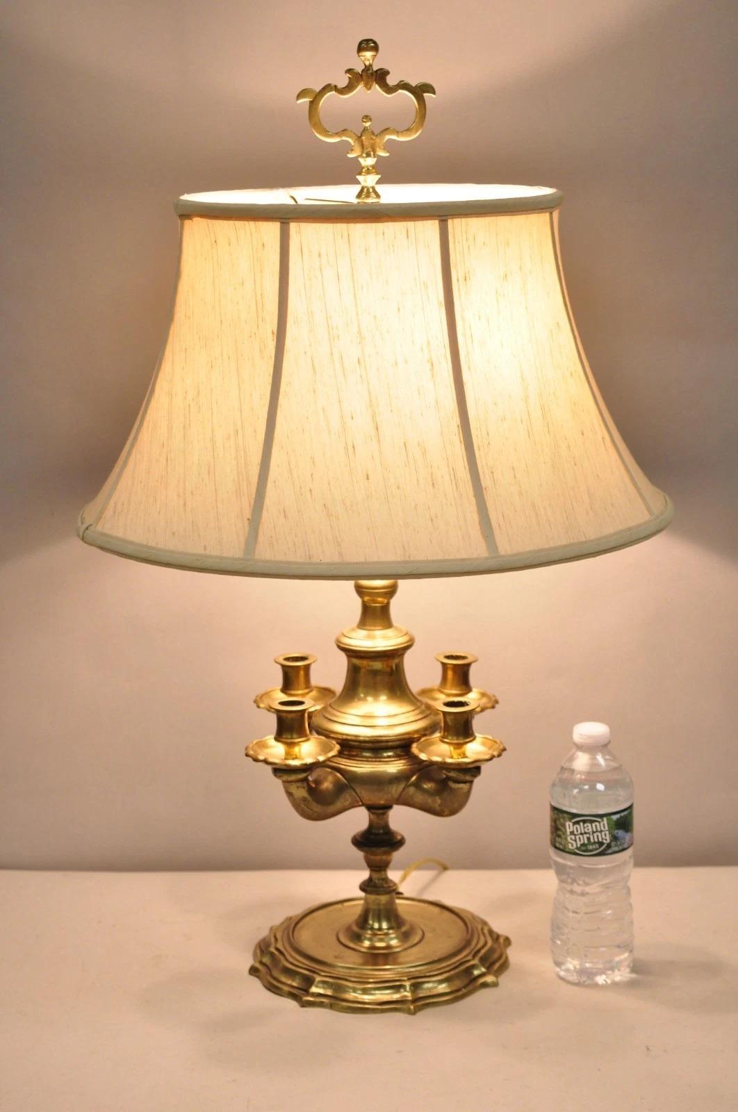 Vintage Middle Eastern Brass Oil Lamp Converted Genie Lamp Candelabra Table Lamp w/ Shade. Circa Mid 20th Century. Dimensions : 28,5
