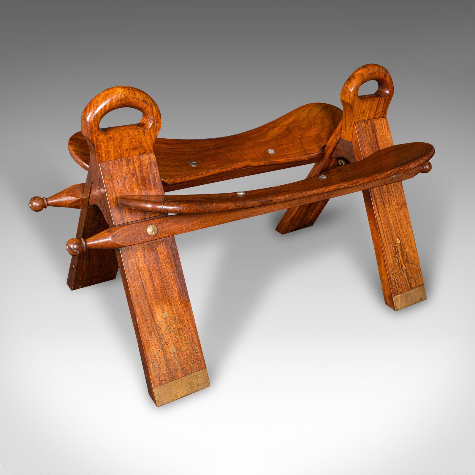 Vintage Middle Eastern Camel Seat, Walnut, Leather, Hall Rest, Footstool, C.1960 5