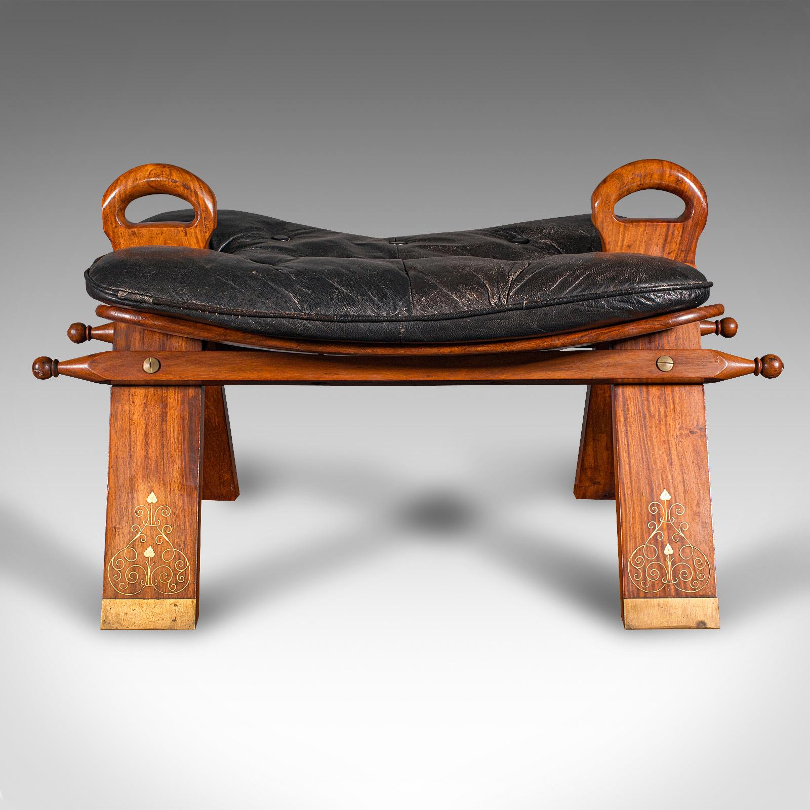 Saudi Arabian Vintage Middle Eastern Camel Seat, Walnut, Leather, Hall Rest, Footstool, C.1960
