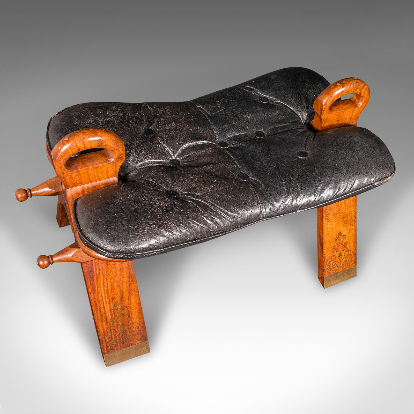 Mid-20th Century Vintage Middle Eastern Camel Seat, Walnut, Leather, Hall Rest, Footstool, C.1960