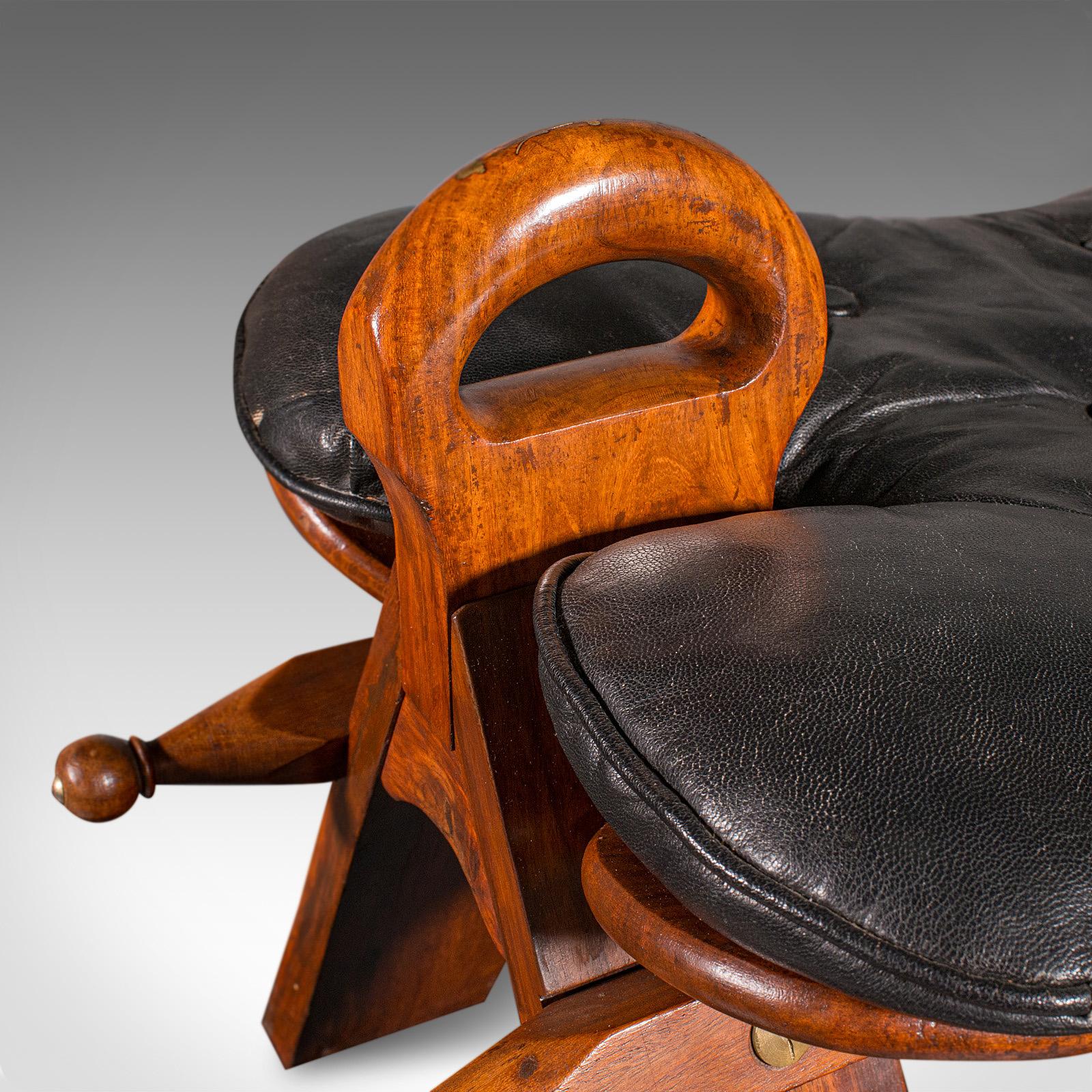 Brass Vintage Middle Eastern Camel Seat, Walnut, Leather, Hall Rest, Footstool, C.1960