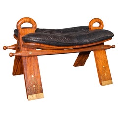 Vintage Middle Eastern Camel Seat, Walnut, Leather, Hall Rest, Footstool, C.1960