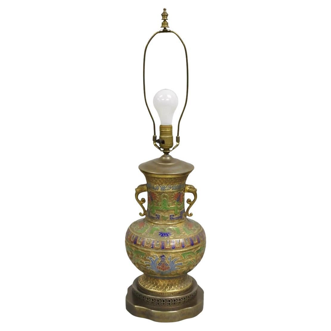 Vintage Middle Eastern Cloisonné Champlevé Blue Green Brass Table Lamp