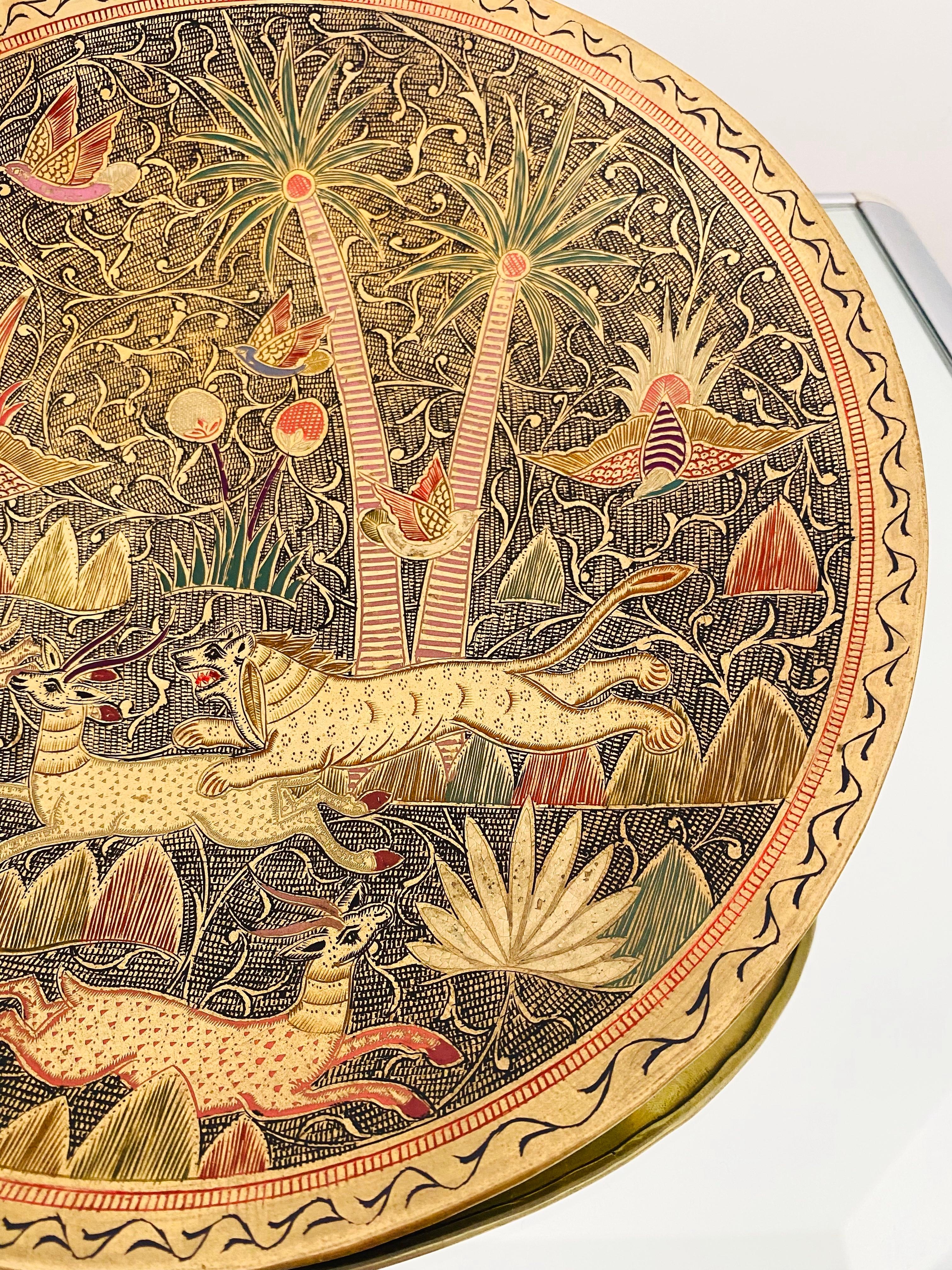 Hand-Crafted Middle Eastern Etched Brass Plate with Exotic Animals and Plants