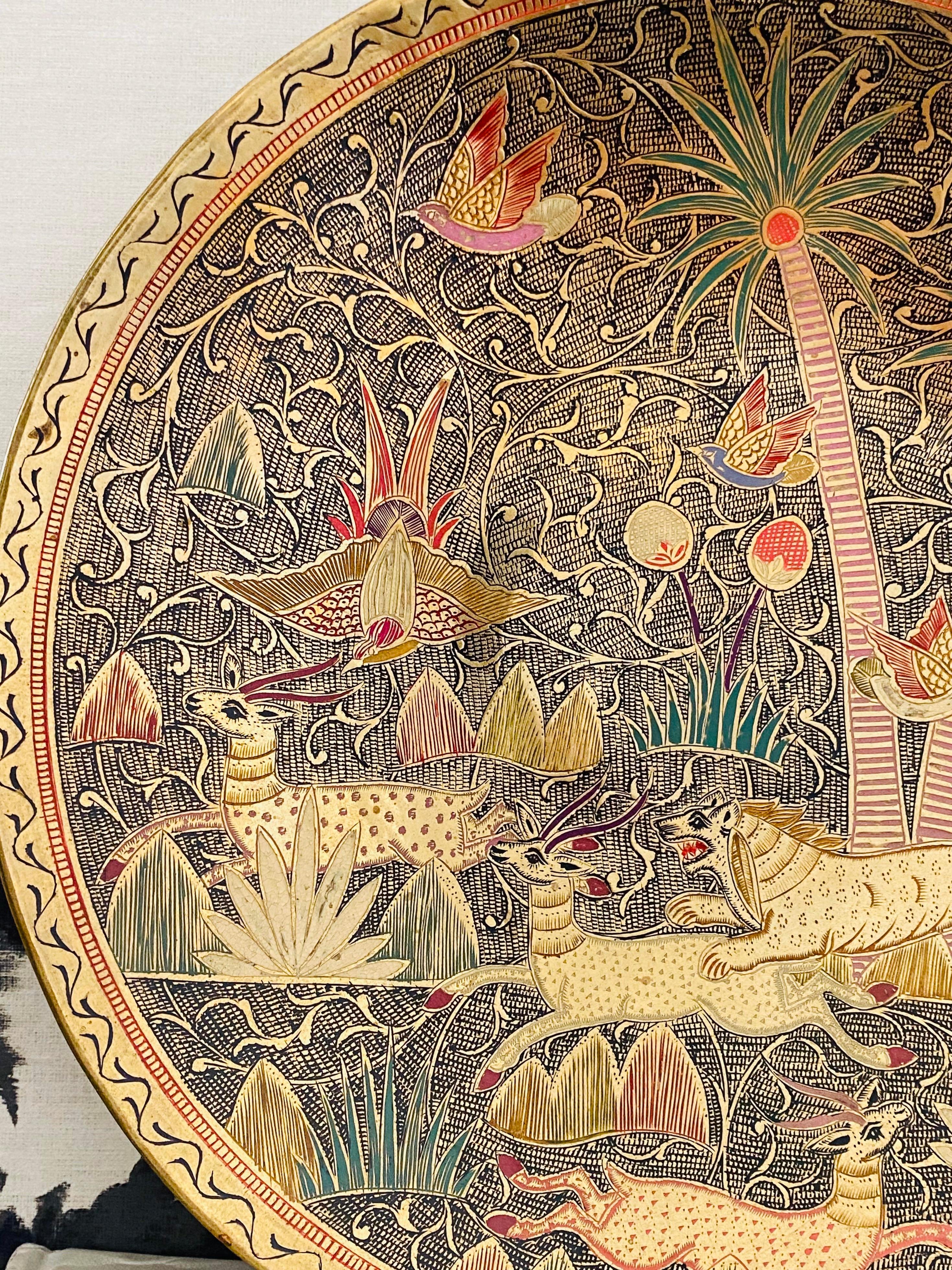 Mid-20th Century Middle Eastern Etched Brass Plate with Exotic Animals and Plants