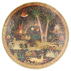 Middle Eastern Etched Brass Plate with Exotic Animals and Plants