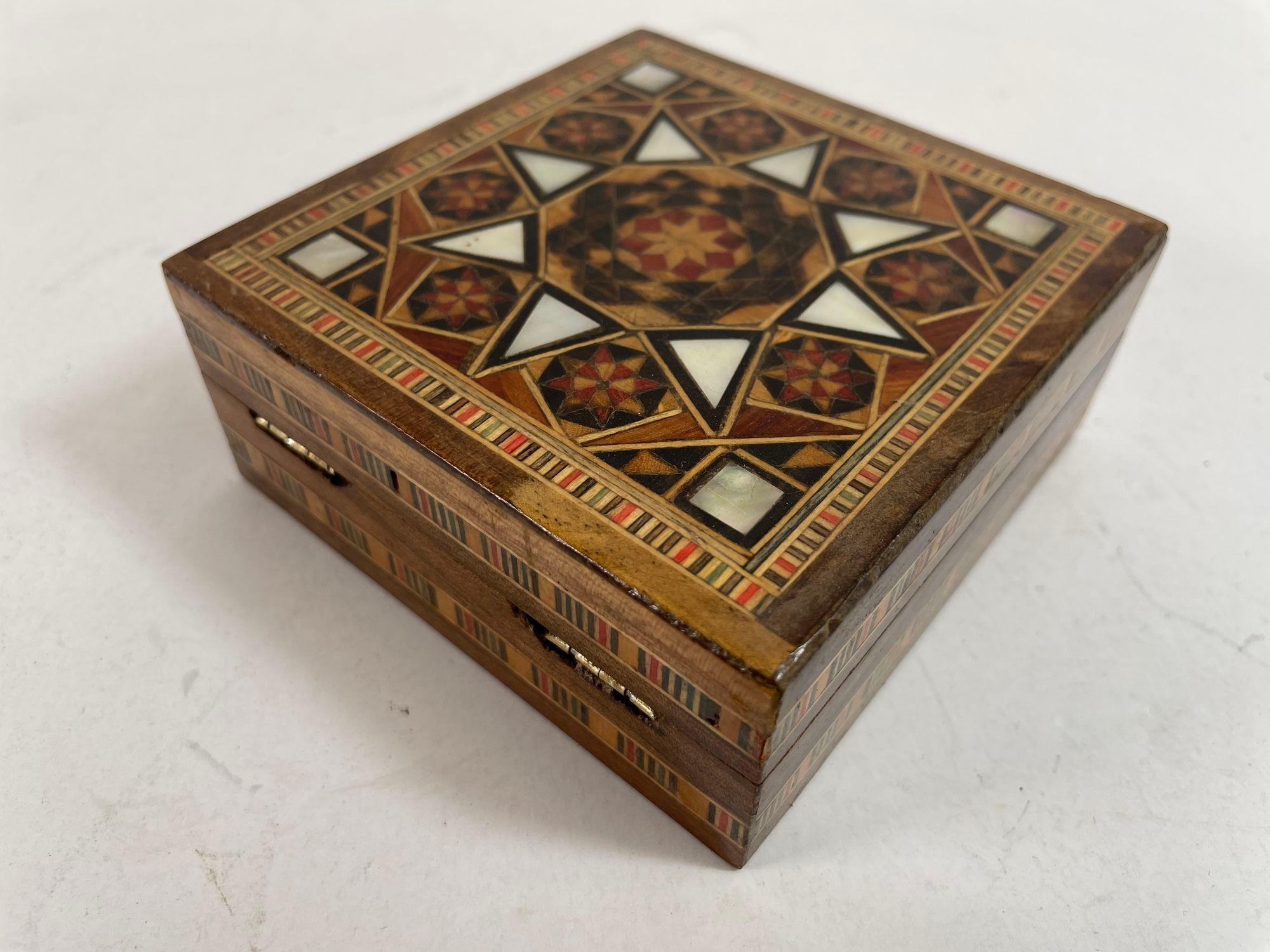 Fruitwood Vintage Middle Eastern Moorish Inlaid Marquetry Mosaic Box For Sale