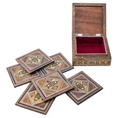 Vintage Middle Eastern Moorish Inlaid Marquetry Mosaic Box with 6 Coasters