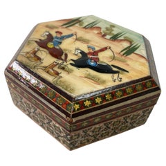 Vintage Middle Eastern Persian Khatam Trinket Box with Miniature Art Painting
