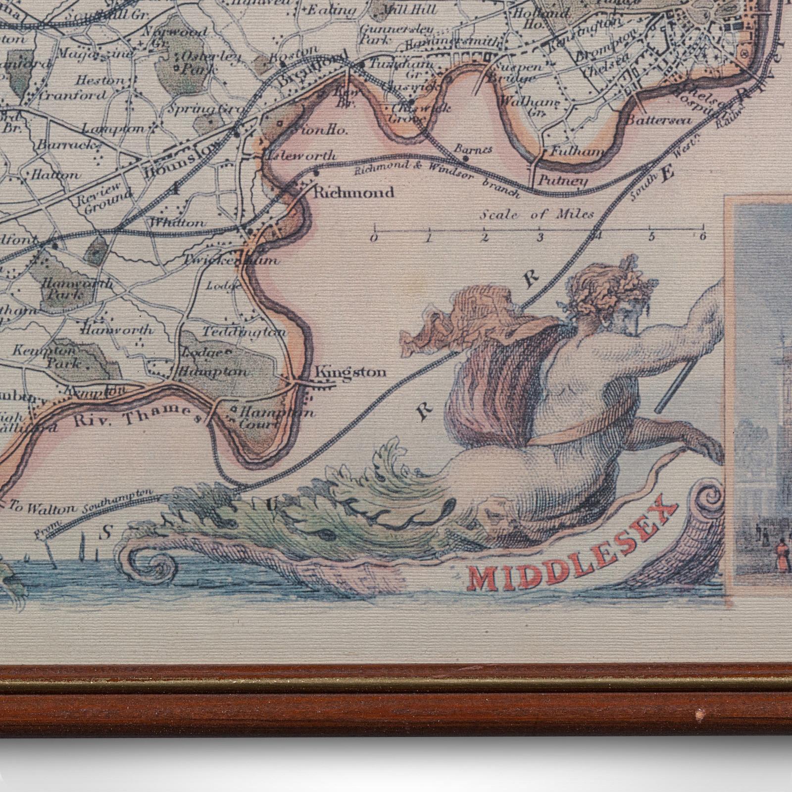Mapa antiguo del condado de Middlesex, inglés, enmarcado, según Thomas Moule, cartografía en venta 3