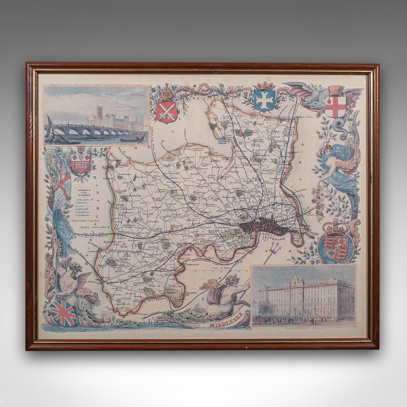 Se trata de un mapa antiguo del condado de Middlesex. Reproducción inglesa, enmarcada, del original del siglo XIX de Thomas Moule (1784 - 1851), de finales del siglo XX, hacia 1980. Una reproducción de calidad que capta el encanto decorativo y los