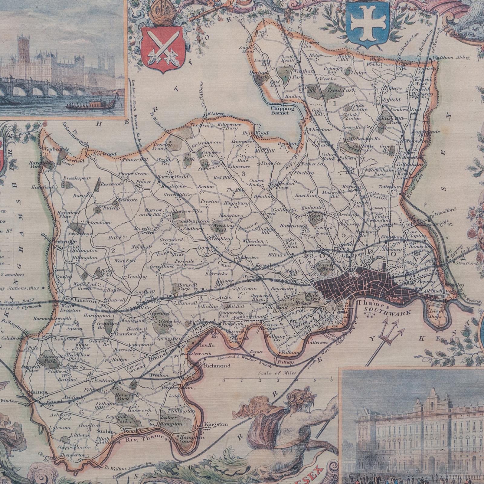 Mapa antiguo del condado de Middlesex, inglés, enmarcado, según Thomas Moule, cartografía Británico en venta