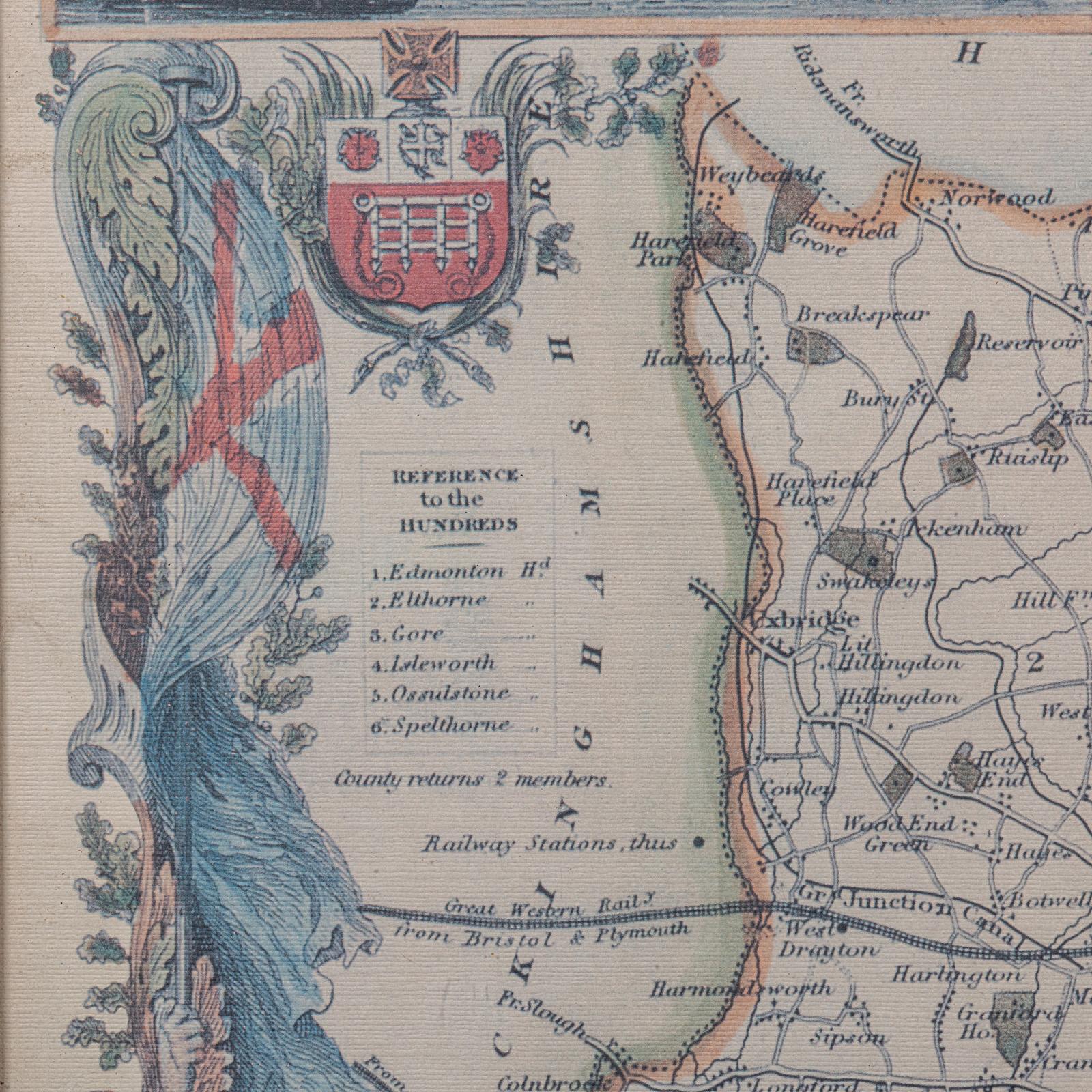 Mapa antiguo del condado de Middlesex, inglés, enmarcado, según Thomas Moule, cartografía en Bueno estado para la venta en Hele, Devon, GB