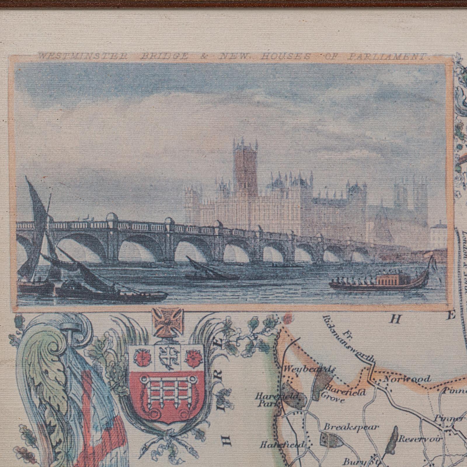 Mapa antiguo del condado de Middlesex, inglés, enmarcado, según Thomas Moule, cartografía finales del siglo XX en venta