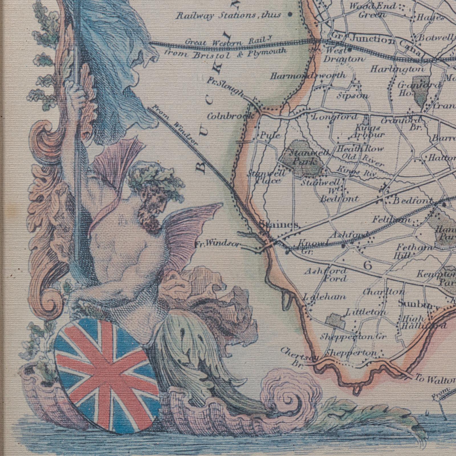 Mapa antiguo del condado de Middlesex, inglés, enmarcado, según Thomas Moule, cartografía en venta 2
