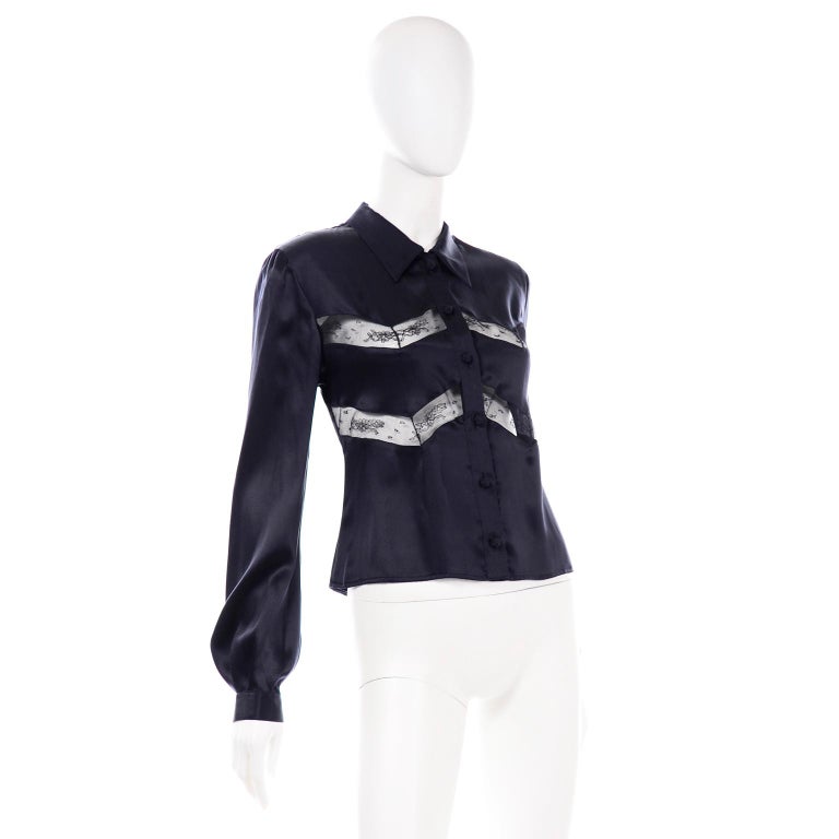 Women's Vintage Midnight Blue Luxe Silk Valentino Blouse With Sheer Lace Inserts For Sale
