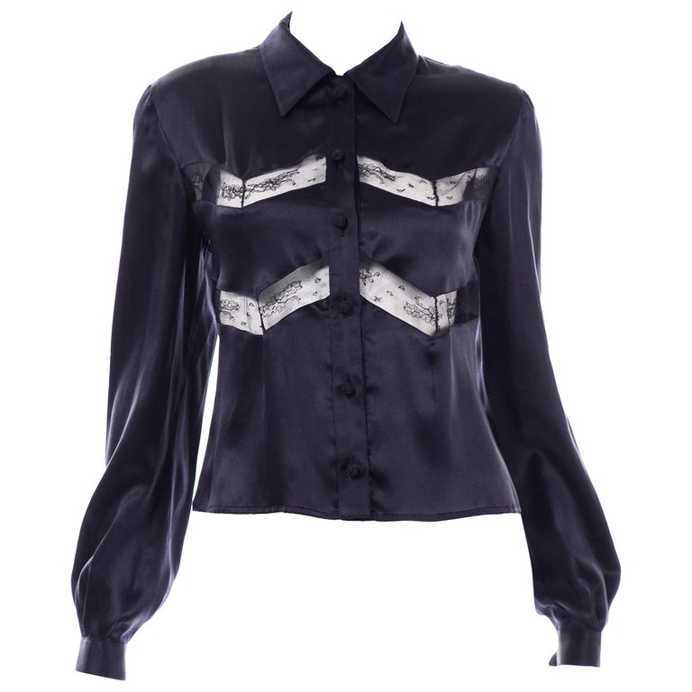 Vintage Midnight Blue Luxe Silk Valentino Blouse With Sheer Lace Inserts For Sale