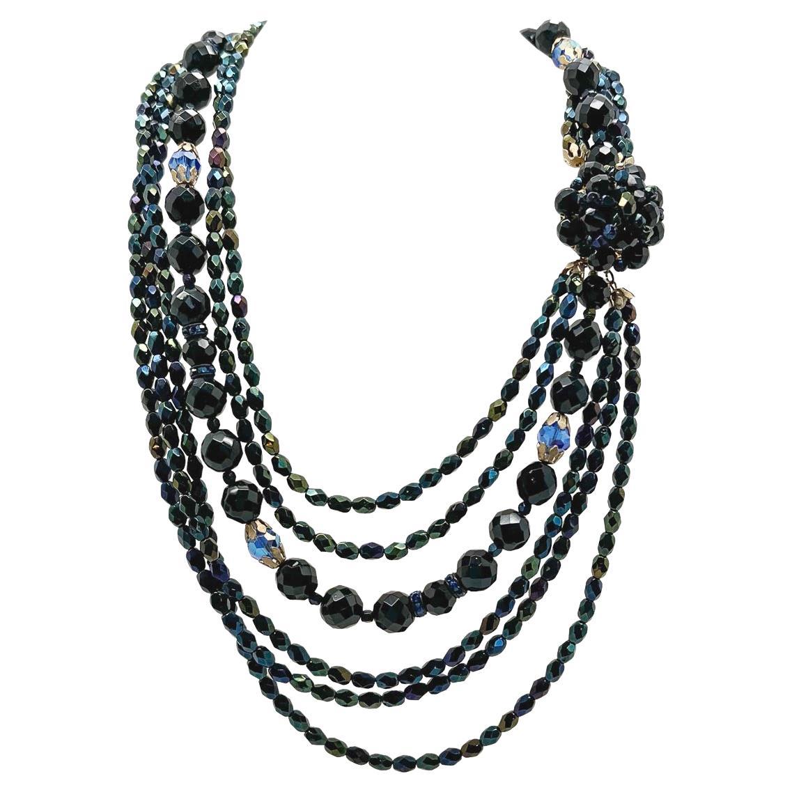 vintage midnight crystal torsade necklace 1950s For Sale