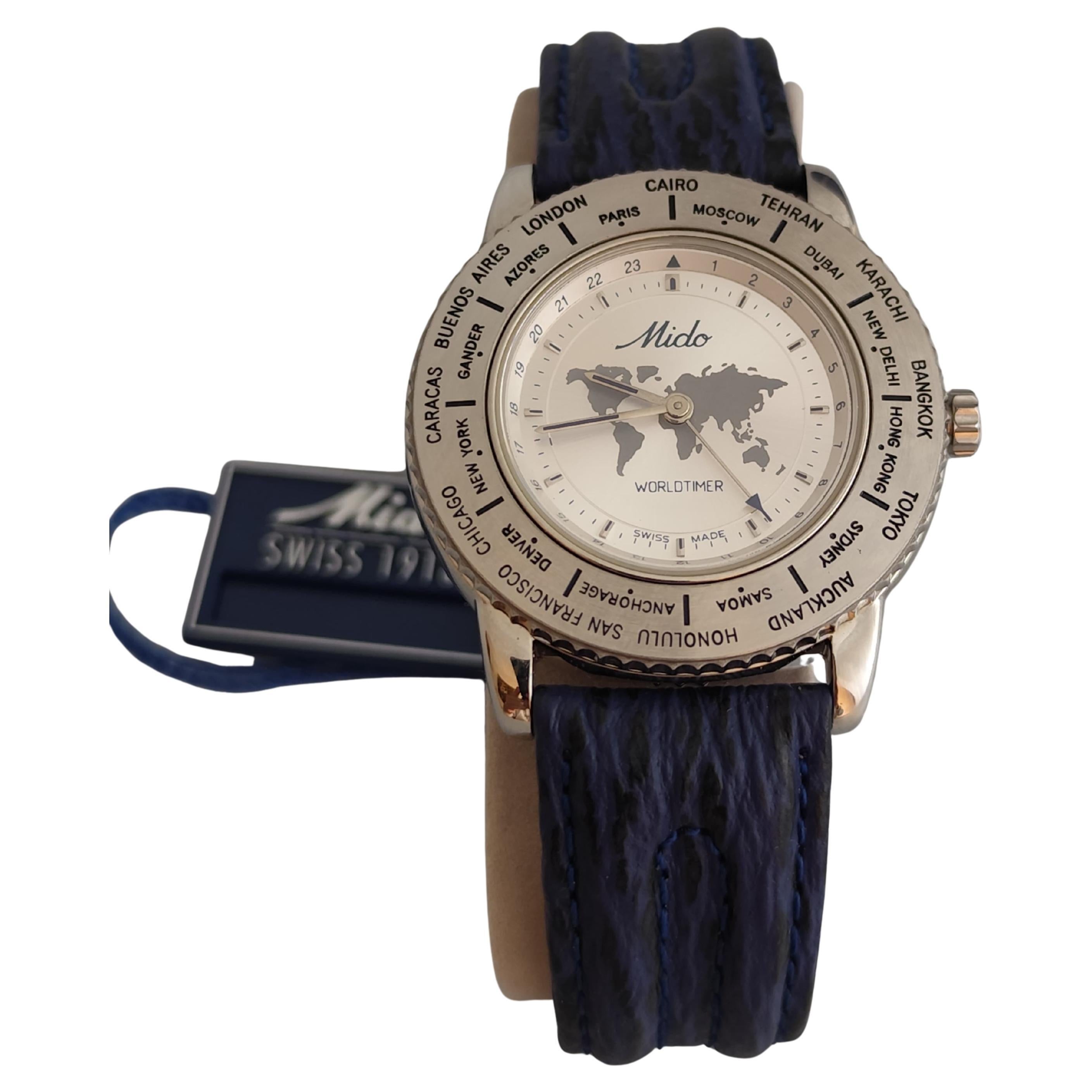 Vintage Mido Worldtimer GMT 5200 Stainless Steel Boxed Old Stock Watch For Sale