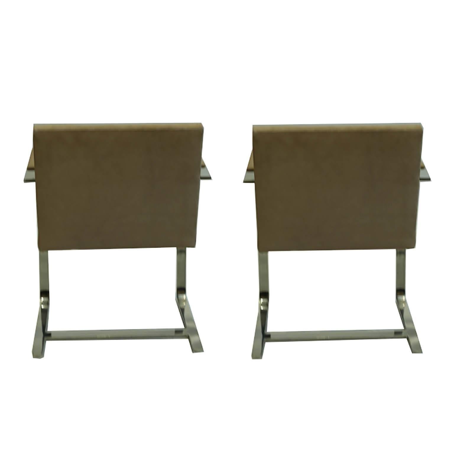 PRICE IS PER ITEM. MAY PURCHASE INDIVIDUALLY. 

Pair of flatbar chrome suede chairs by Mies van der Rohe for Knoll. 