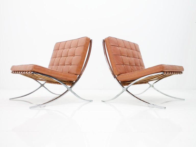 Vintage Mies van der Rohe Barcelona Chair Knoll Brown Saddle Cognac Leather For Sale at 1stdibs