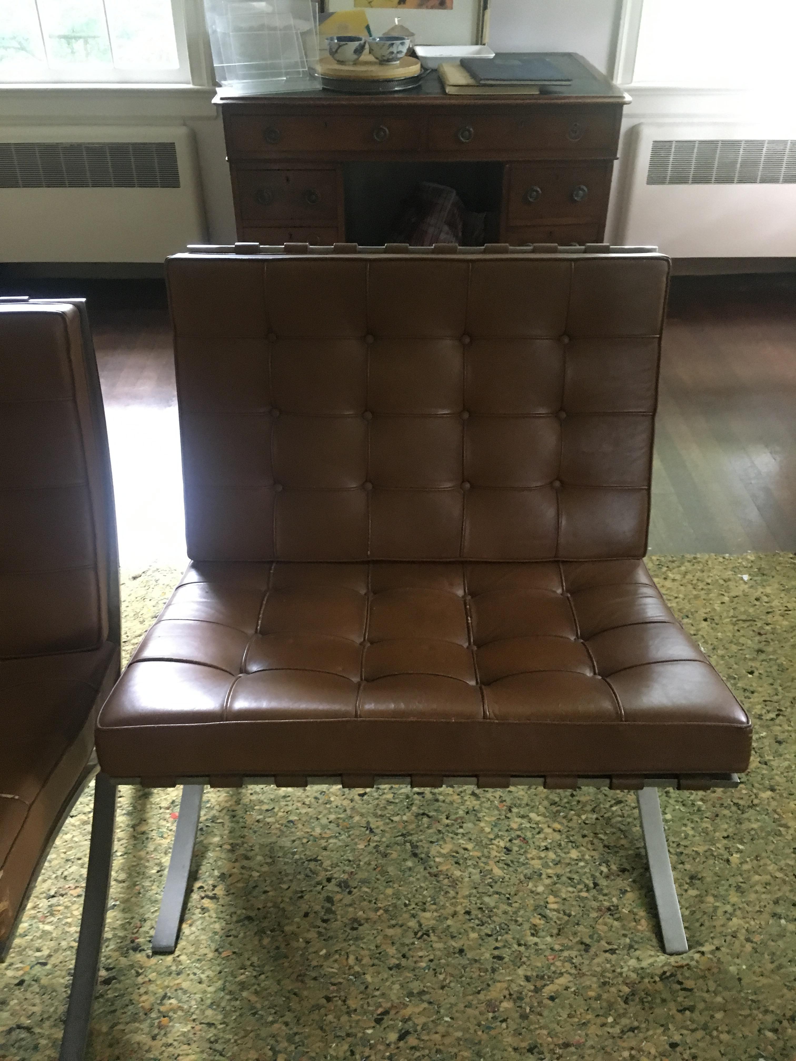 Vintage Mies van der Rohe Barcelona Chair Knoll Brown Saddle Cognac Leather In Good Condition In Brooklyn, NY