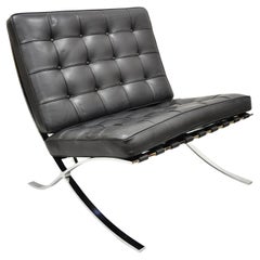 Vintage Mies Van Der Rohe Barcelona Style Black Leather Lounge Chair