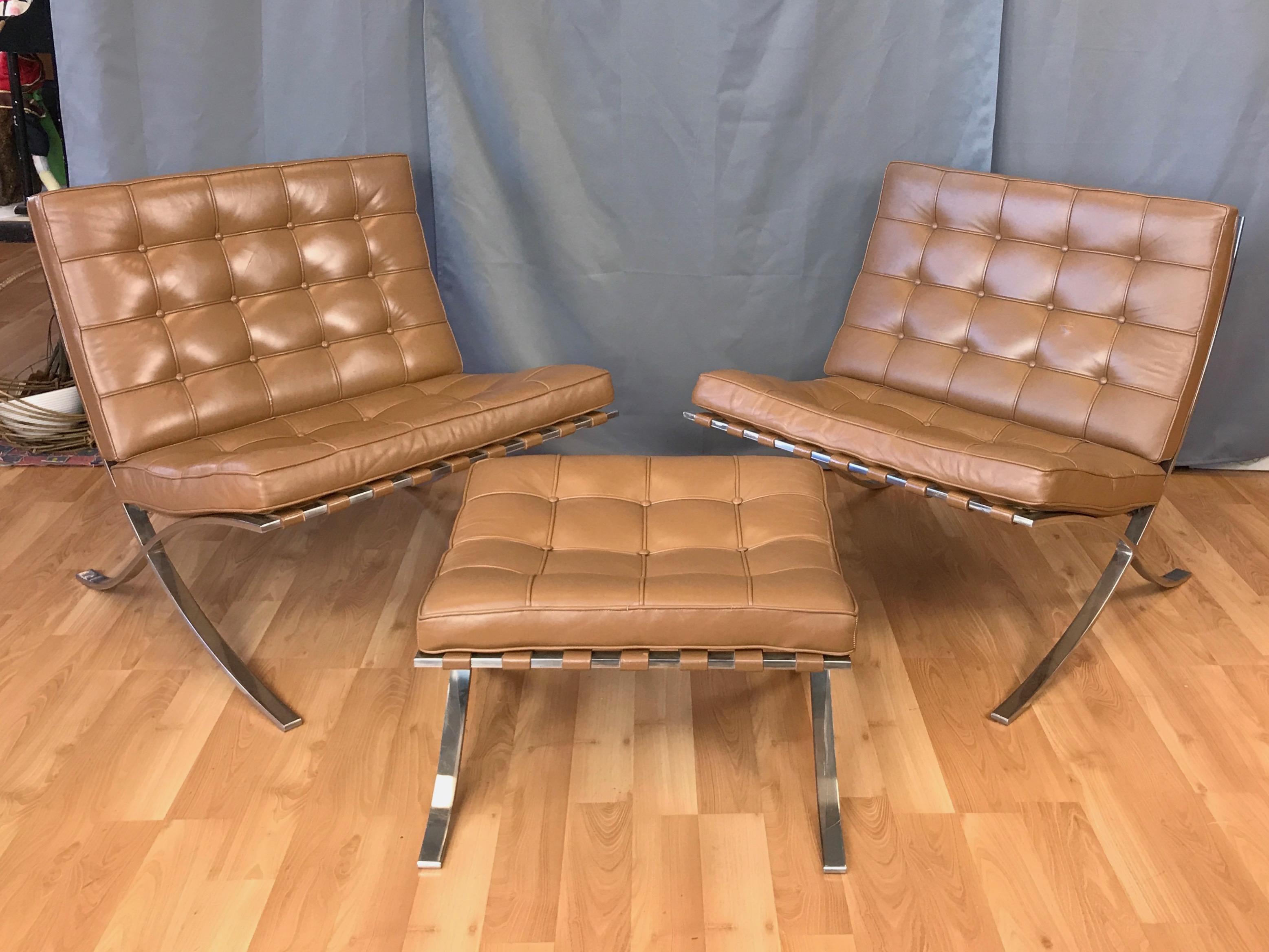 An early 1970s three-piece Barcelona chair and ottoman set designed by Mies van der Rohe and Lilly Reich, and produced by Knoll International.

Originally created to serve as seating for the king and queen of Spain in the German Pavilion at the