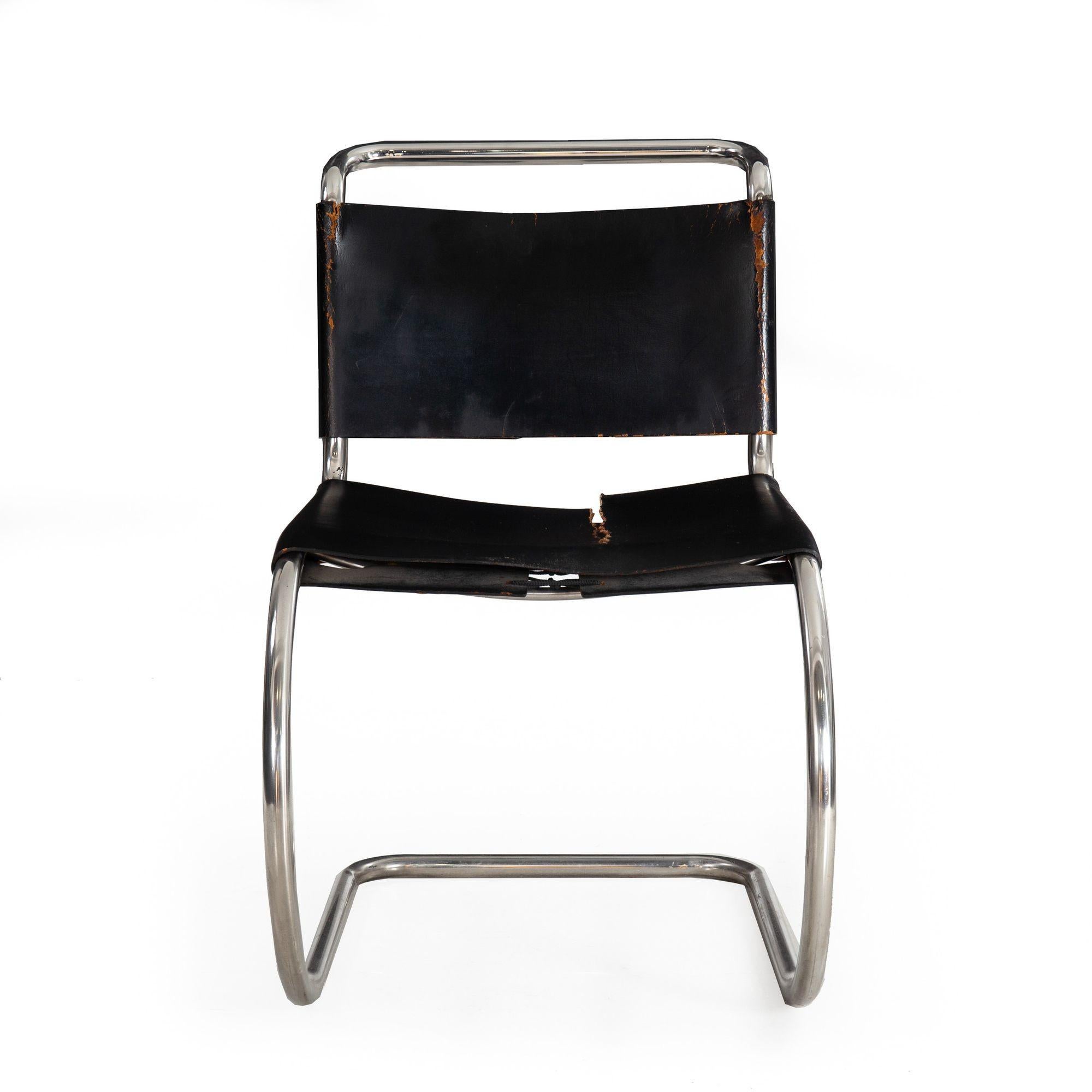 LUDWIG MIES VAN DER ROHE MR10 BLACK LEATHER AND CHROMED STEEL DINING CHAIR Unmarked, circa 1960s
 Item # 209XDH29P-1 

A single example of the iconic MR10 dining chair designed by Ludwig Mies van der Rohe in 1927, it was manufactured during the