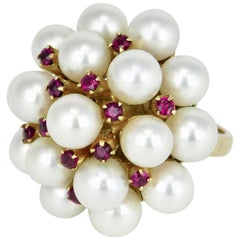 Retro Mikimoto 14 Karat Gold Pearl and Ruby Cocktail Cluster Ring, 1960s