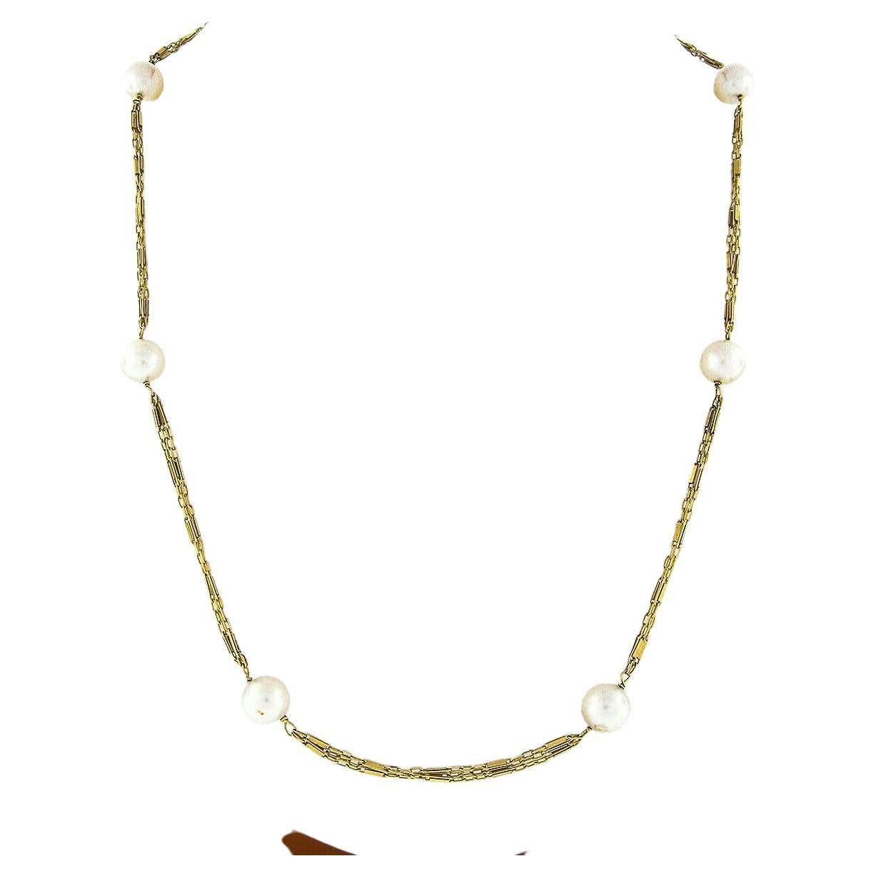 Vintage Mikimoto 14k Gold Pearl Station w/ Triple Strand Chain Necklace For Sale