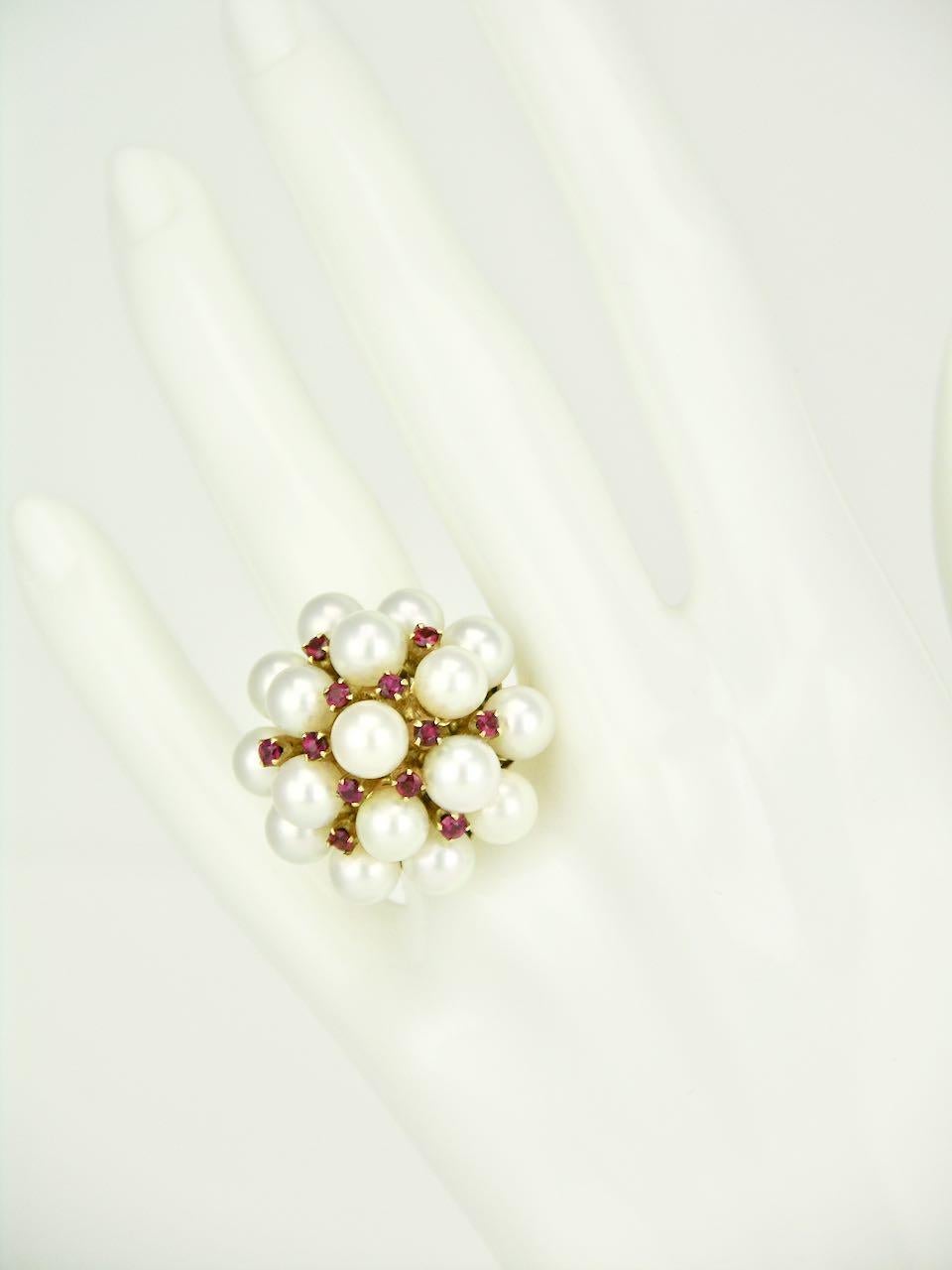 Retro Vintage Mikimoto 14 Karat Gold Pearl and Ruby Cocktail Cluster Ring, 1960s For Sale