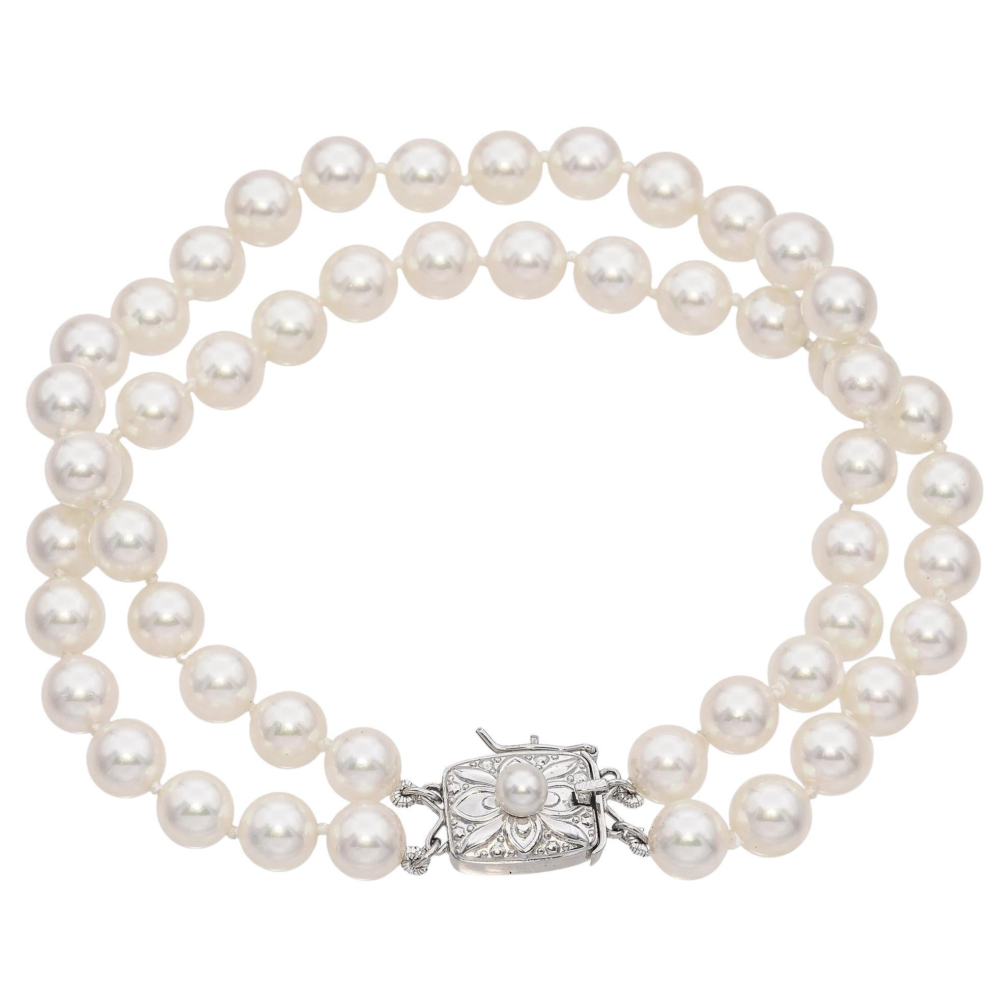 Mikimoto Bracelet vintage à double rang de perles en or blanc 14 carats
