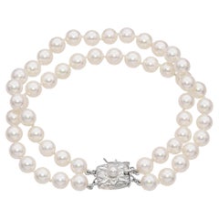 Vintage Mikimoto 14k White Gold Double Strand Pearl Bracelet