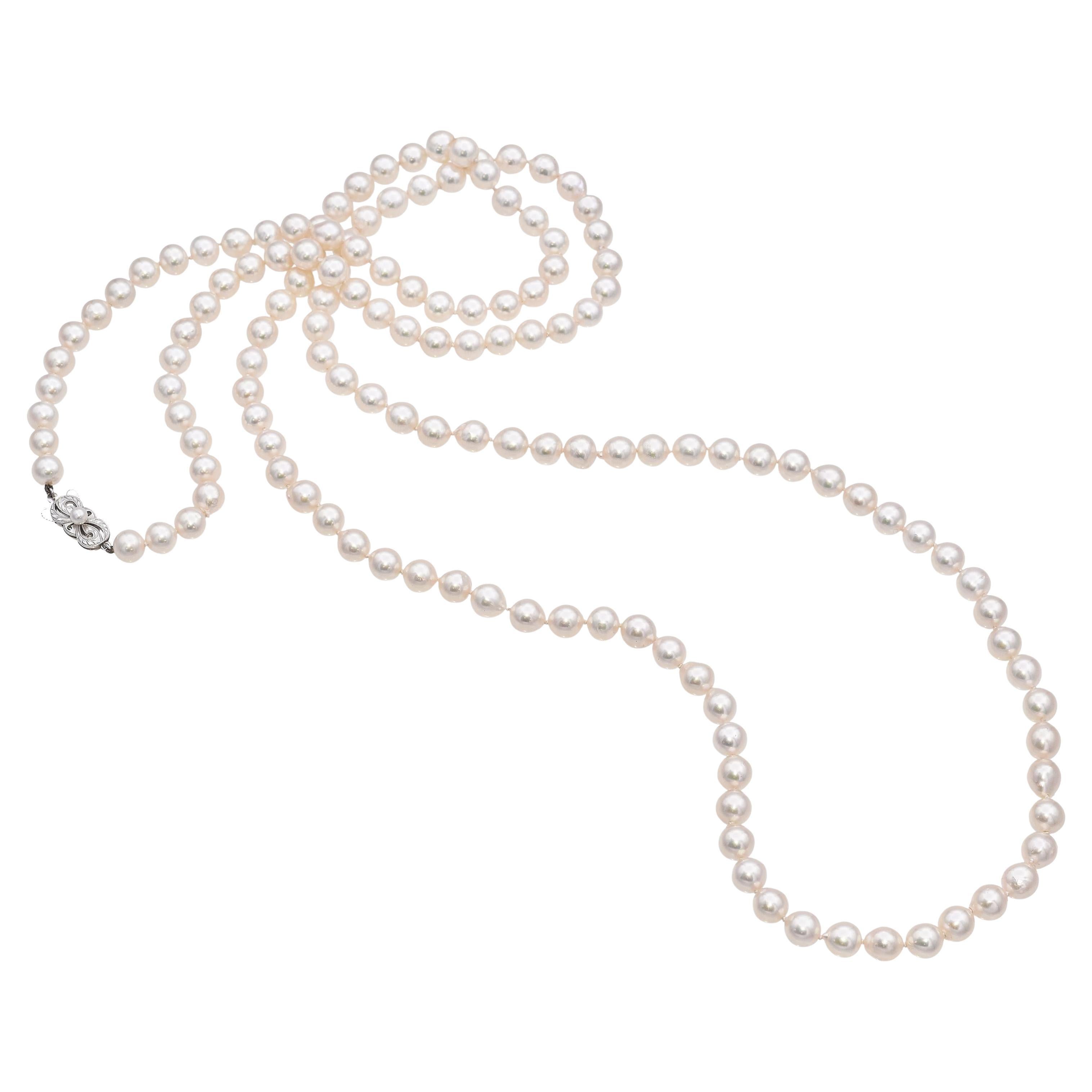 Vintage Mikimoto 14K White Gold Semi Baroque Cultured Pearl Strand Necklace