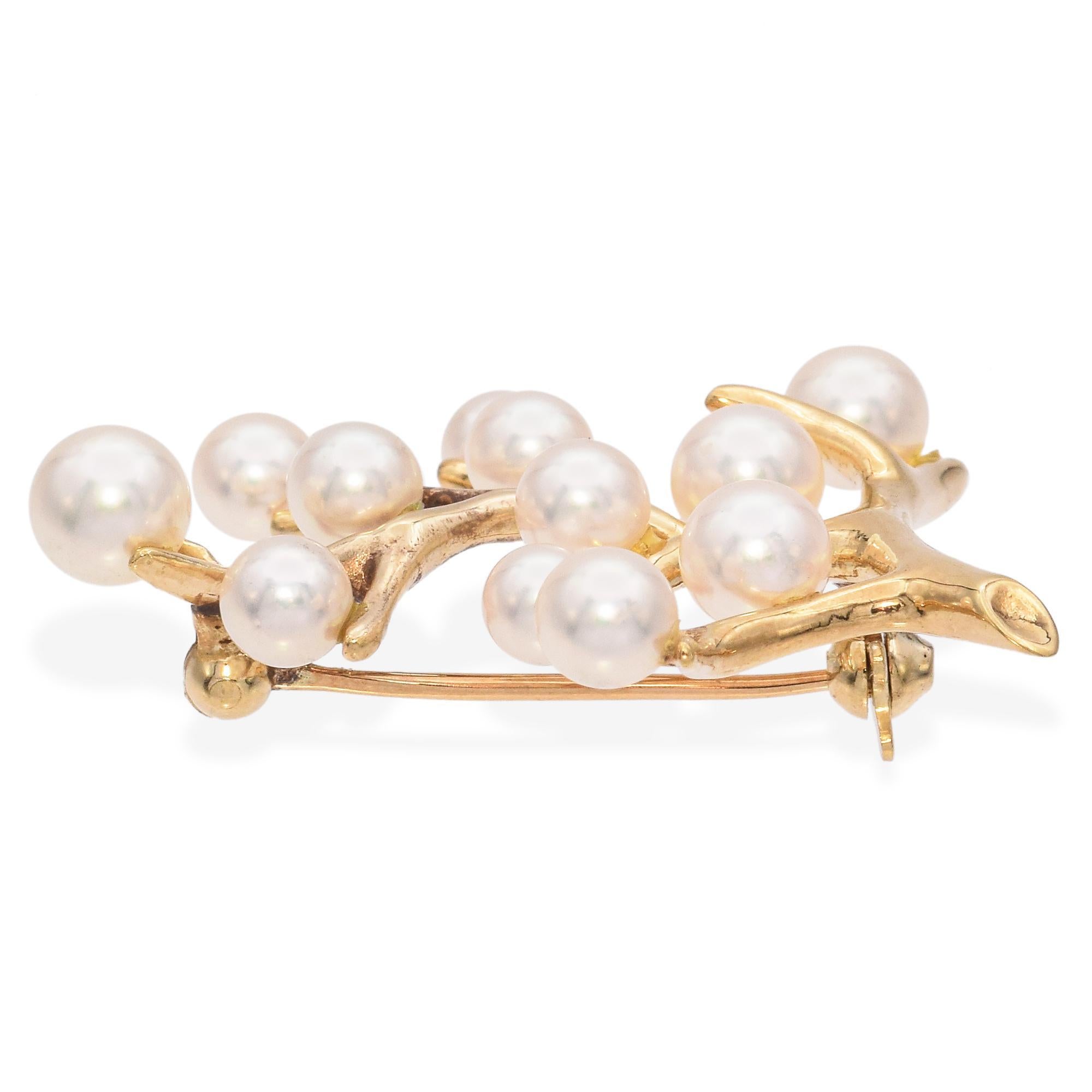 Uncut Vintage Mikimoto 14K Yellow Gold Pearl Tree of Life Brooch