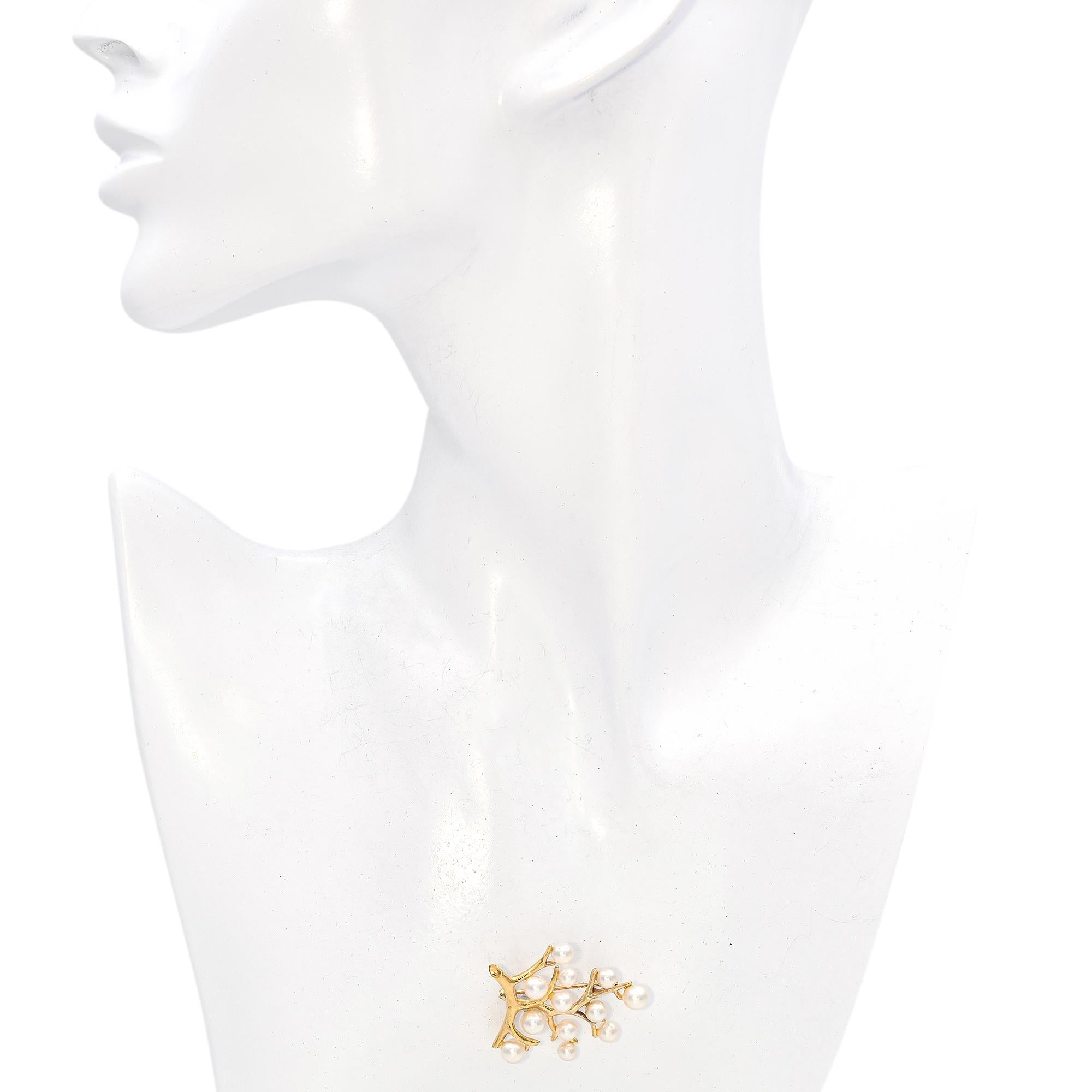 Women's Vintage Mikimoto 14K Yellow Gold Pearl Tree of Life Brooch