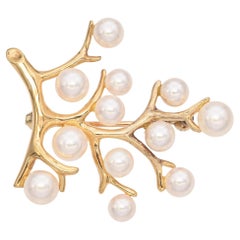 Vintage Mikimoto 14K Yellow Gold Pearl Tree of Life Brooch