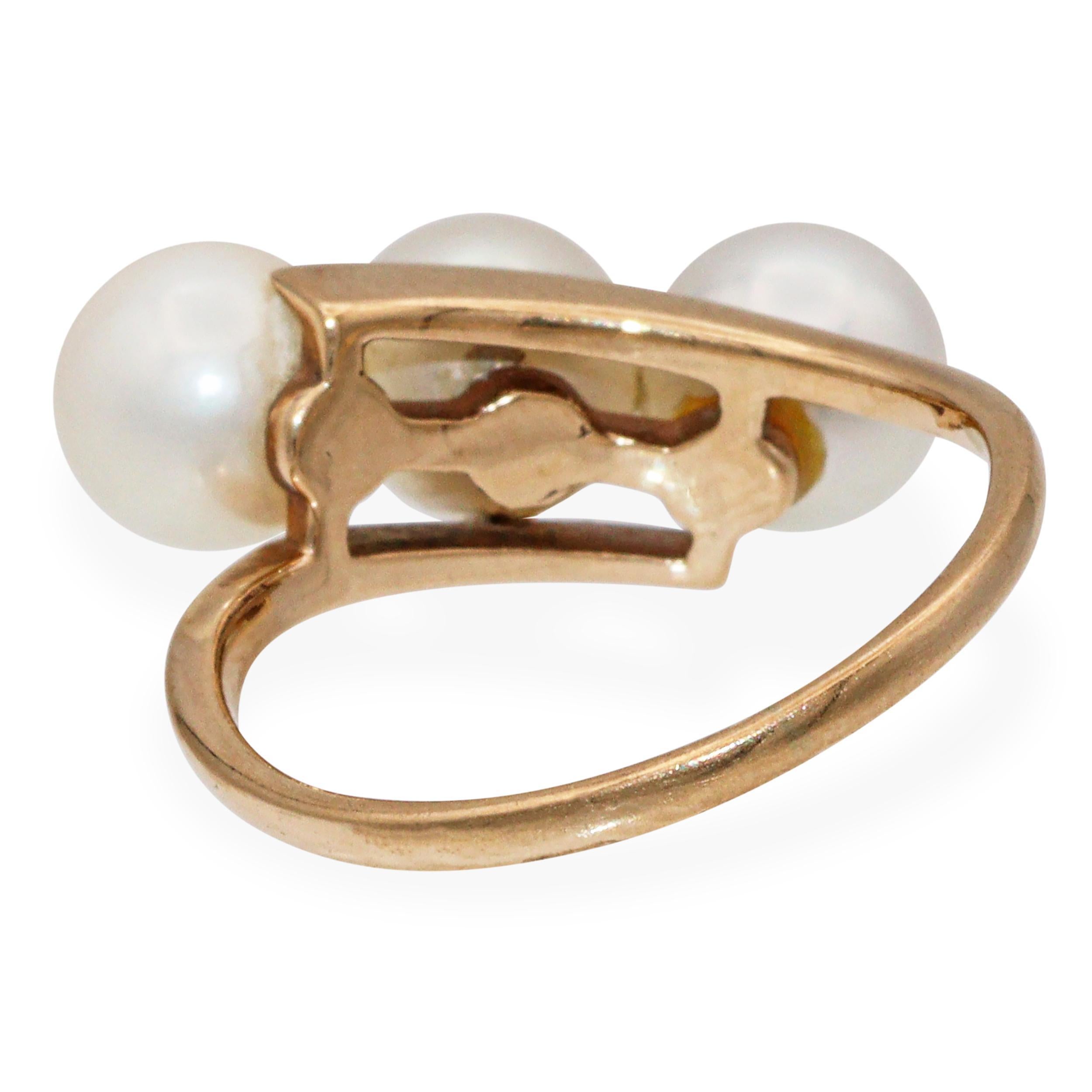 Vintage Mikimoto 14k Gelbgold Dreifach-Perlenring Damen im Angebot
