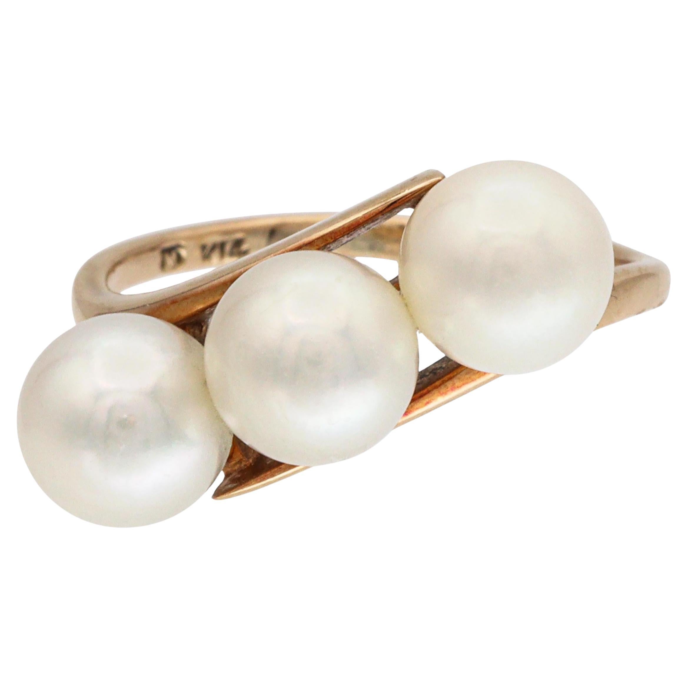 Vintage Mikimoto 14k Gelbgold Dreifach-Perlenring im Angebot