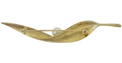 Vintage Mikimoto 18K Yellow Gold Akoya Pearl Leaf Brooch, 3.13 Inches
