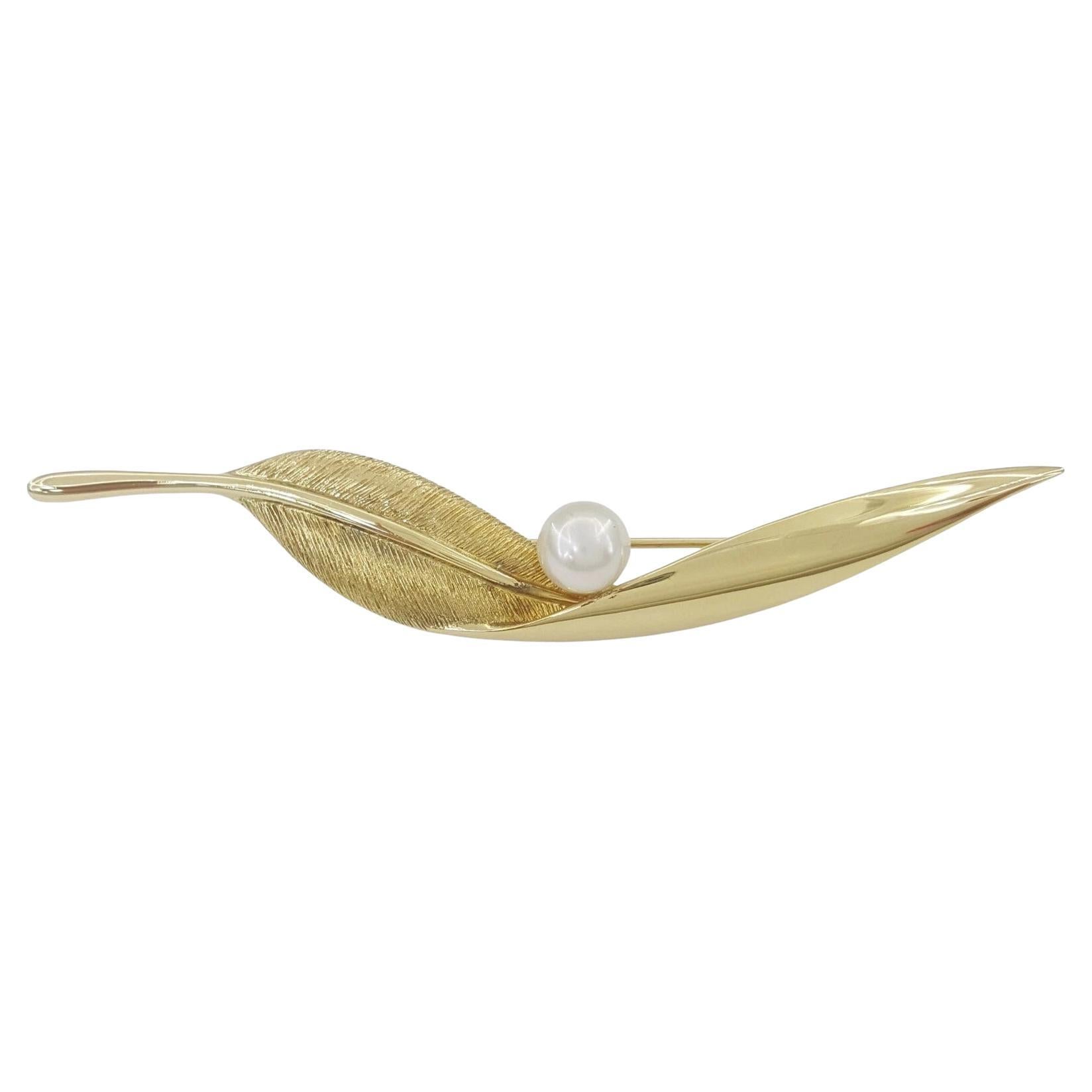 Vintage Mikimoto 18K Yellow Gold Akoya Pearl Leaf Brooch, 3.13 Inches