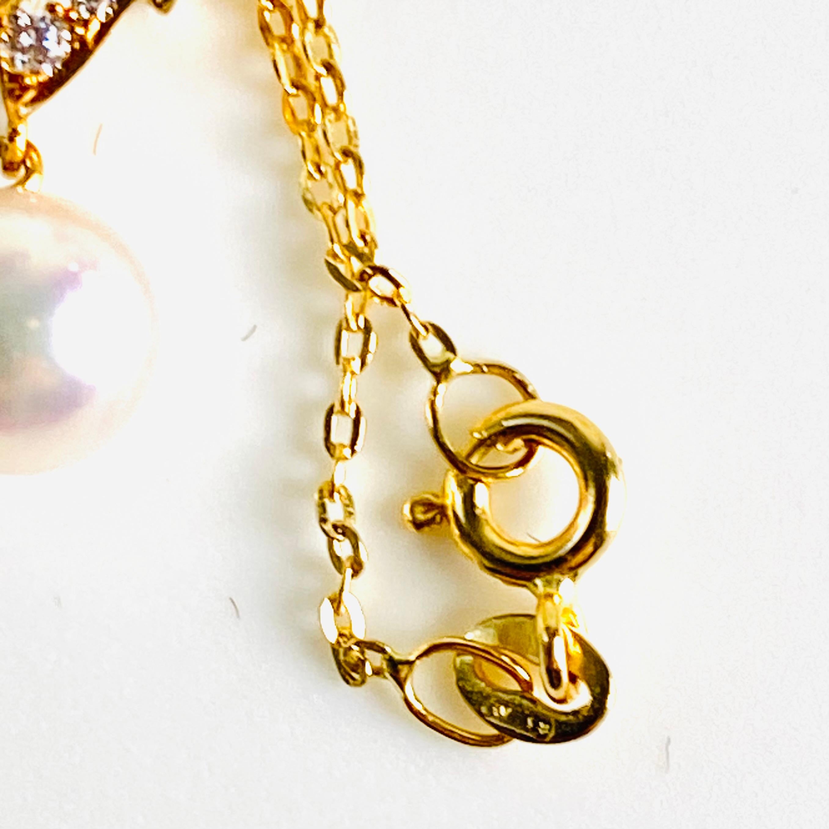 Vintage Mikimoto 18K Yellow Gold Pearl and Diamond Pendant Necklace For Sale 2
