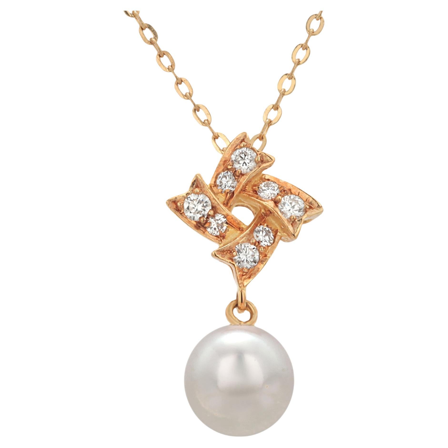 Mikimoto Collier pendentif vintage en or jaune 18 carats avec perles et diamants