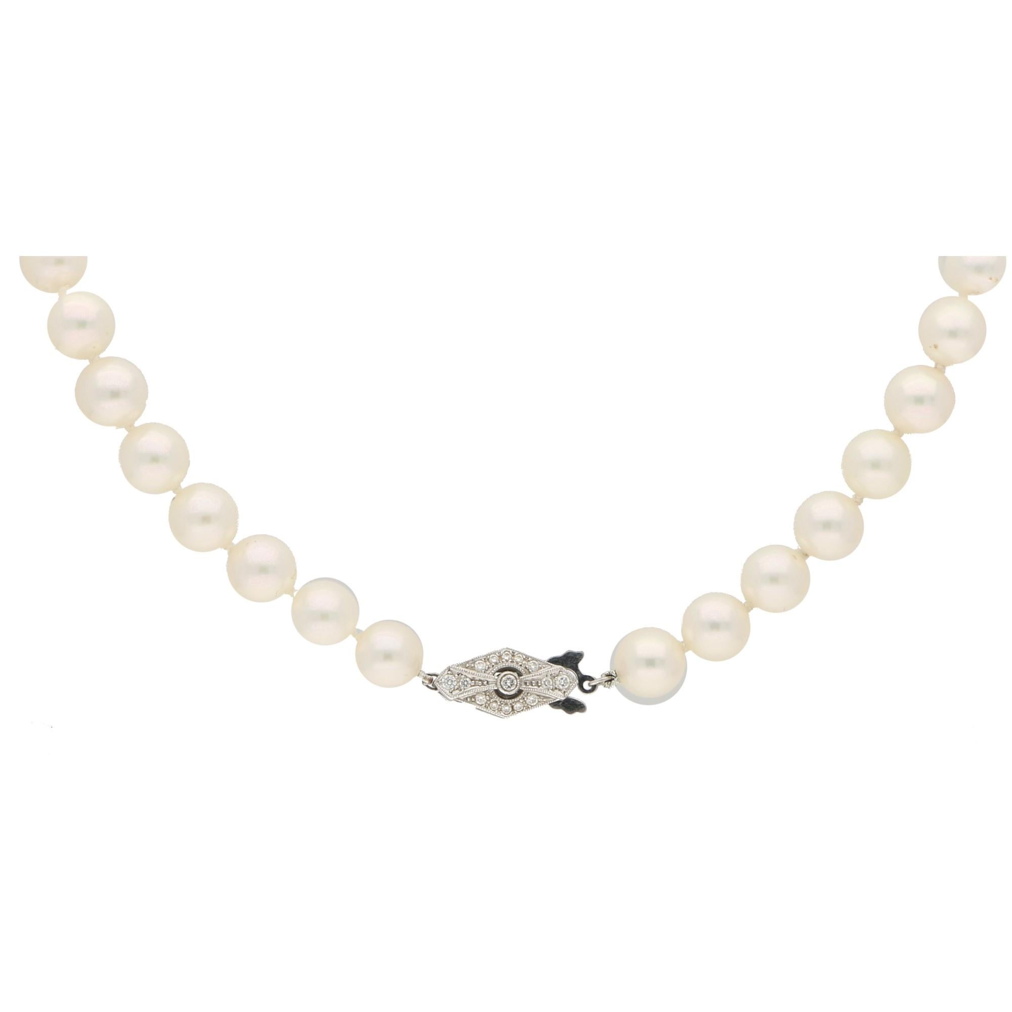 A gorgeous Mikimoto Akoya cultured pearl single-strand necklace set with a diamond clasp in 18 karat white gold. 

The strand is composed of 43 Akoya cultured pearls which all have an incredibly high lustre and significant size (ranging from 9.1 mm