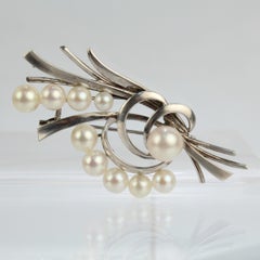Vintage Mikimoto Akoya Cultured Pearl and Sterling Silver Brooch or Pin